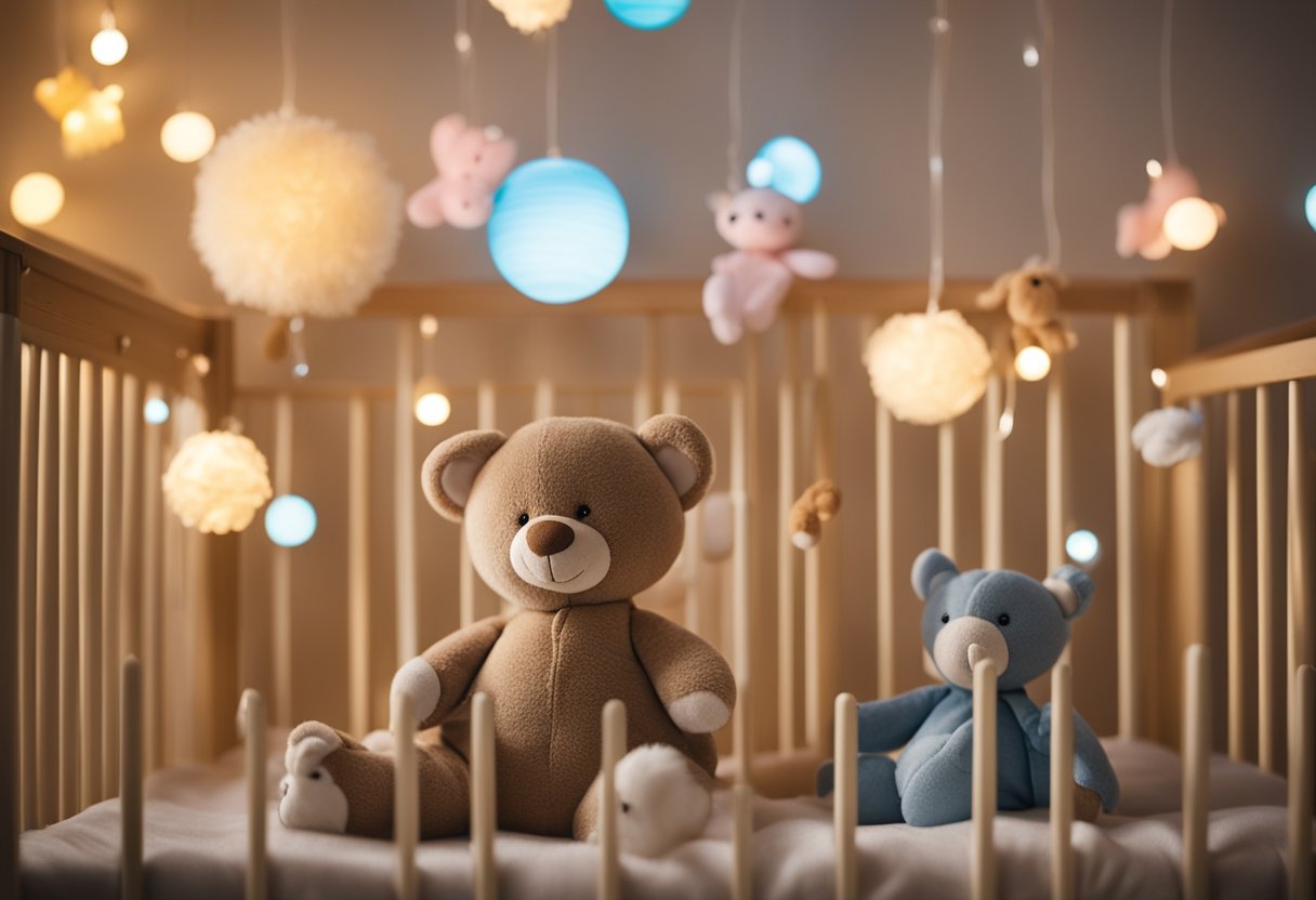 A baby lies in a crib, grunting softly in their sleep, surrounded by stuffed animals and a nightlight