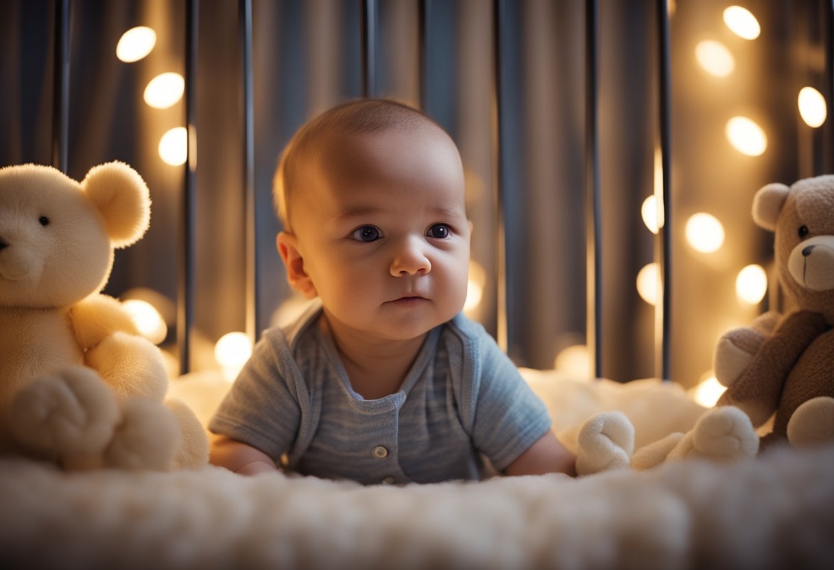 A baby lies peacefully in a crib, grunting softly in their sleep, surrounded by stuffed animals and a nightlight