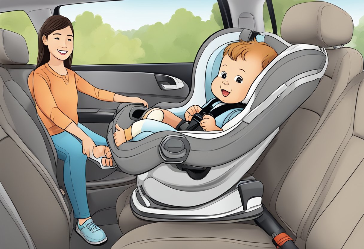 A car seat base being secured in the backseat of a car using the seat belt, with the baby car seat being clicked into the base