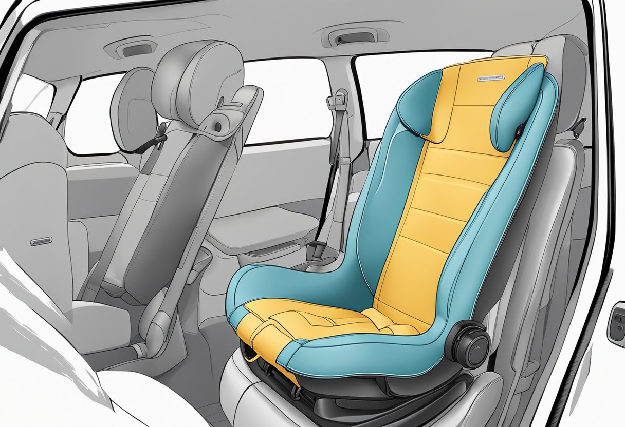 A baby car seat being securely installed in the backseat of a car, with clear labels showing the different types of car seats