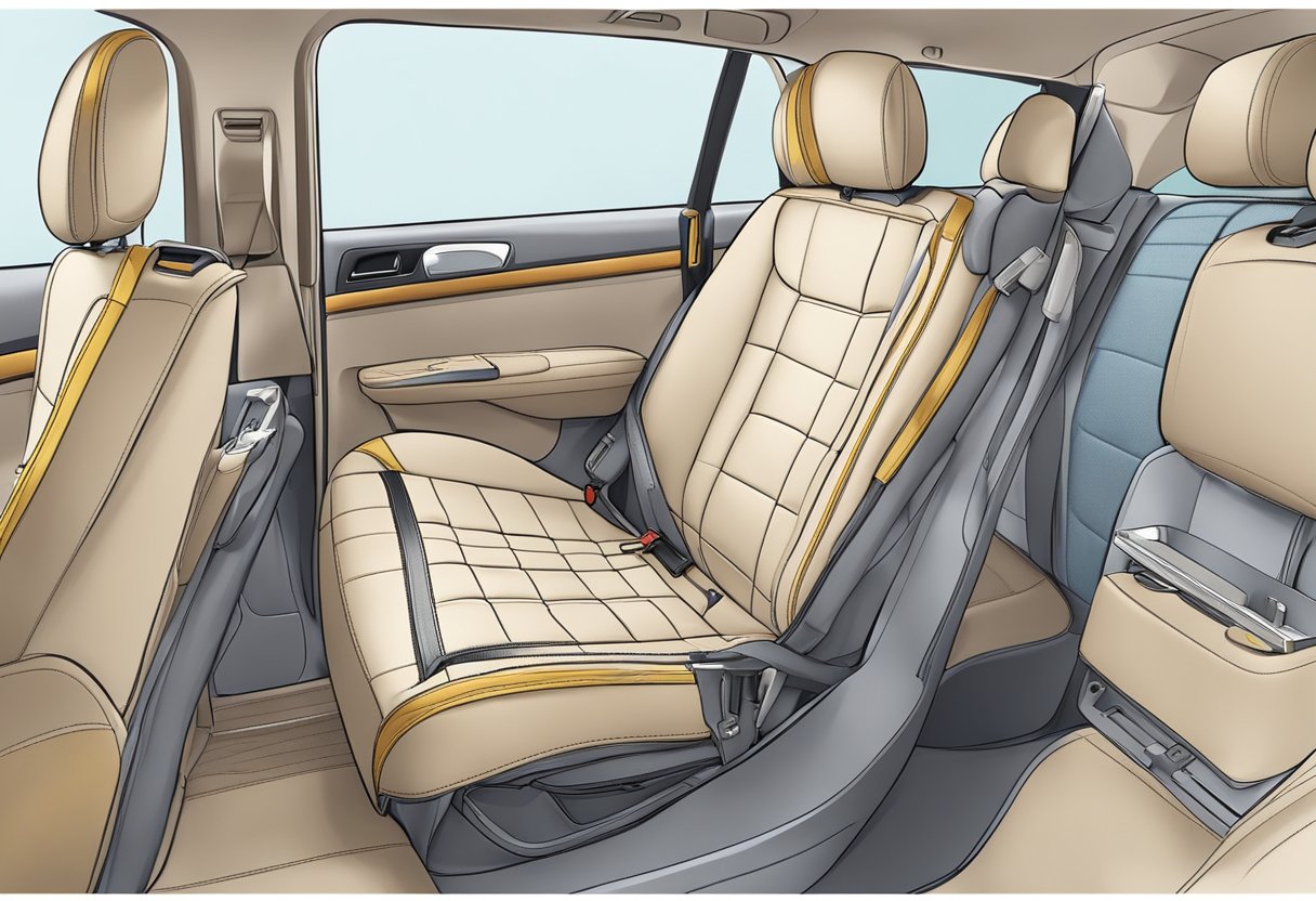 A car seat being securely installed in the backseat of a car, with the seatbelt fastened tightly around it