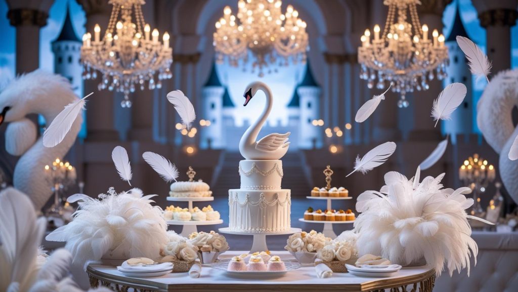 Luxury baby shower for a girl swan princess theme white decor swan cake topper white feathers chandeliers elegant dessert table castle themed backdrop — glamorous and soft Pinterest aesthetic 6