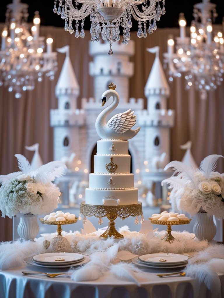 Luxury baby shower for a girl swan princess theme white decor swan cake topper white feathers chandeliers elegant dessert table castle themed backdrop — glamorous and soft Pinterest aesthetic